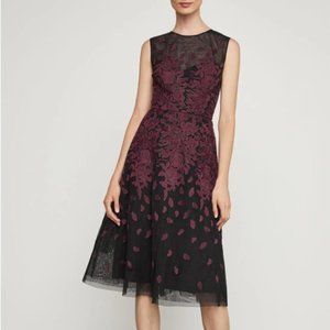 BCBG Black and wine red floral midi A line dress